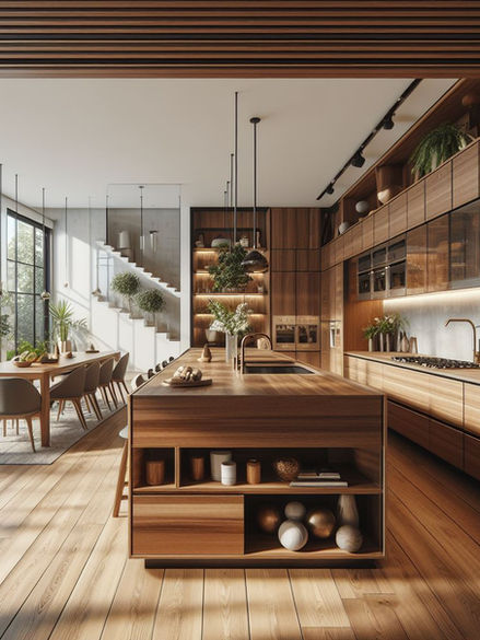 Large open kitchen with dining table.