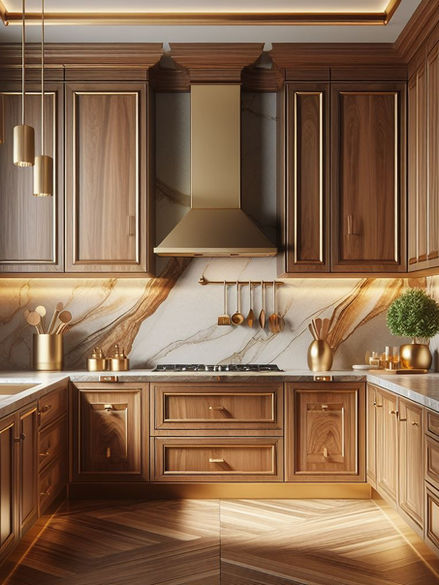 Traditional walnut kitchen cabinets with gold accents.