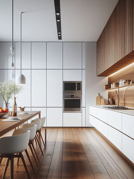 Modern kitchen idea with white and wood cabinets.