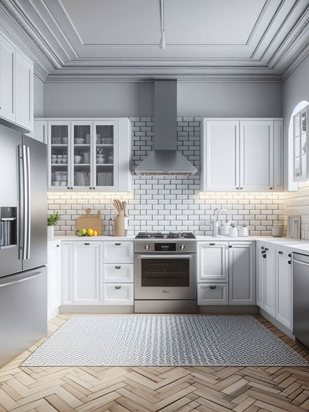 U-shaped Kitchen with white kitchen cabinets.
