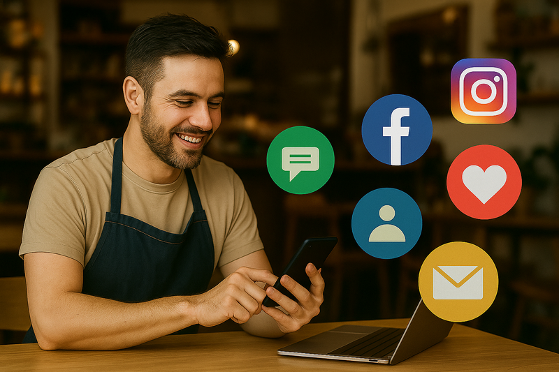 Dueño de un negocio publicando contenido en redes sociales