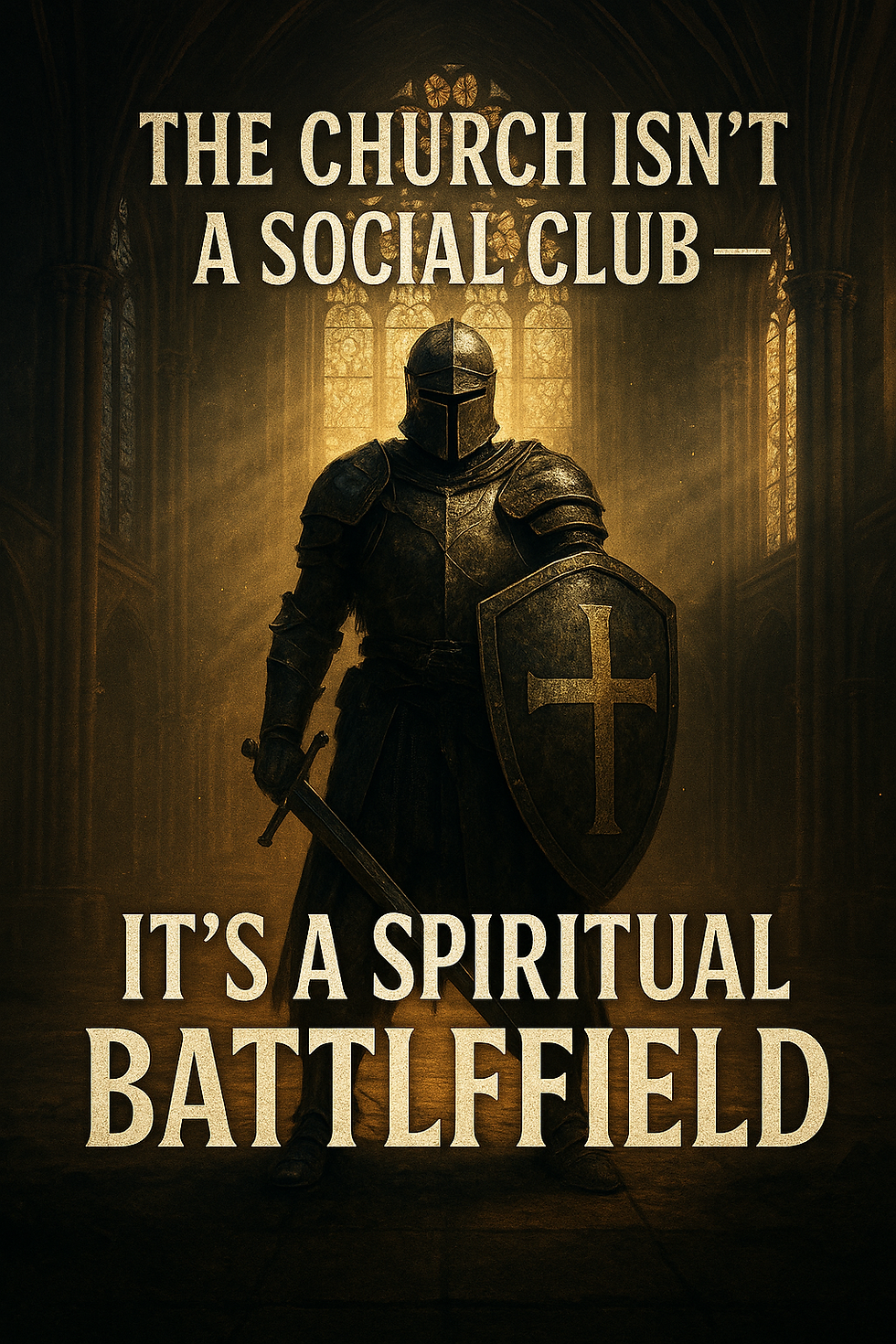 A knight stands in armor and shield with a cross, in a dimly lit church. Text: "The church isn't a social club—it's a spiritual battlefield."