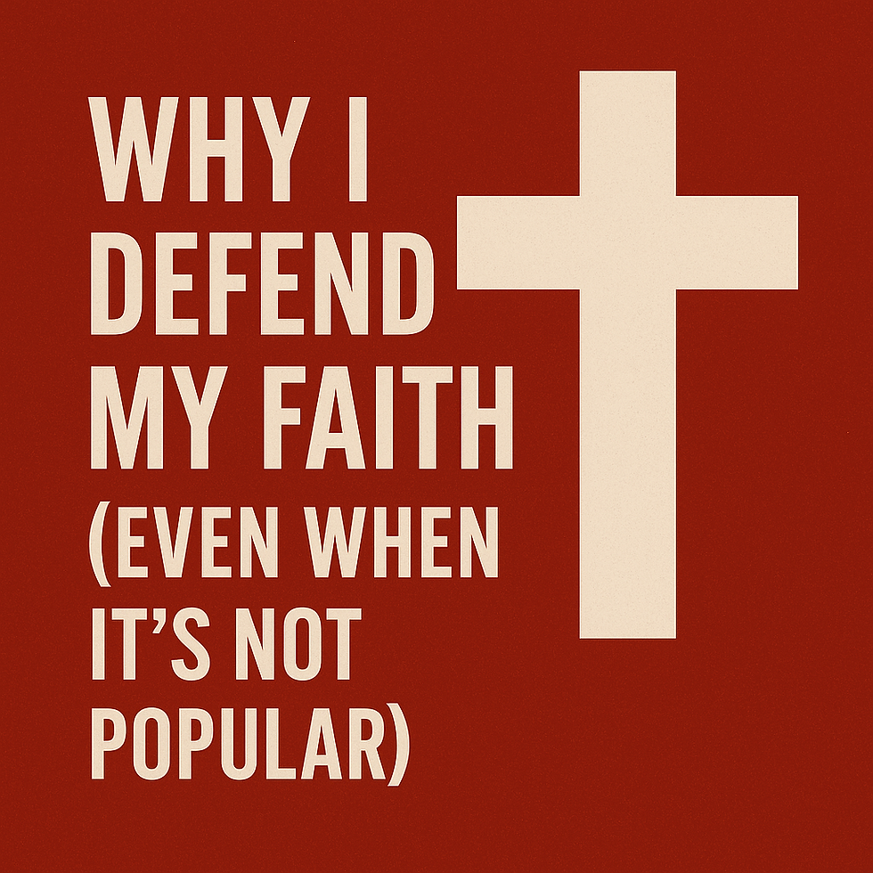 Text reads "Why I defend my faith (even when it's not popular)" next to a beige cross on a red background. Bold and assertive message.