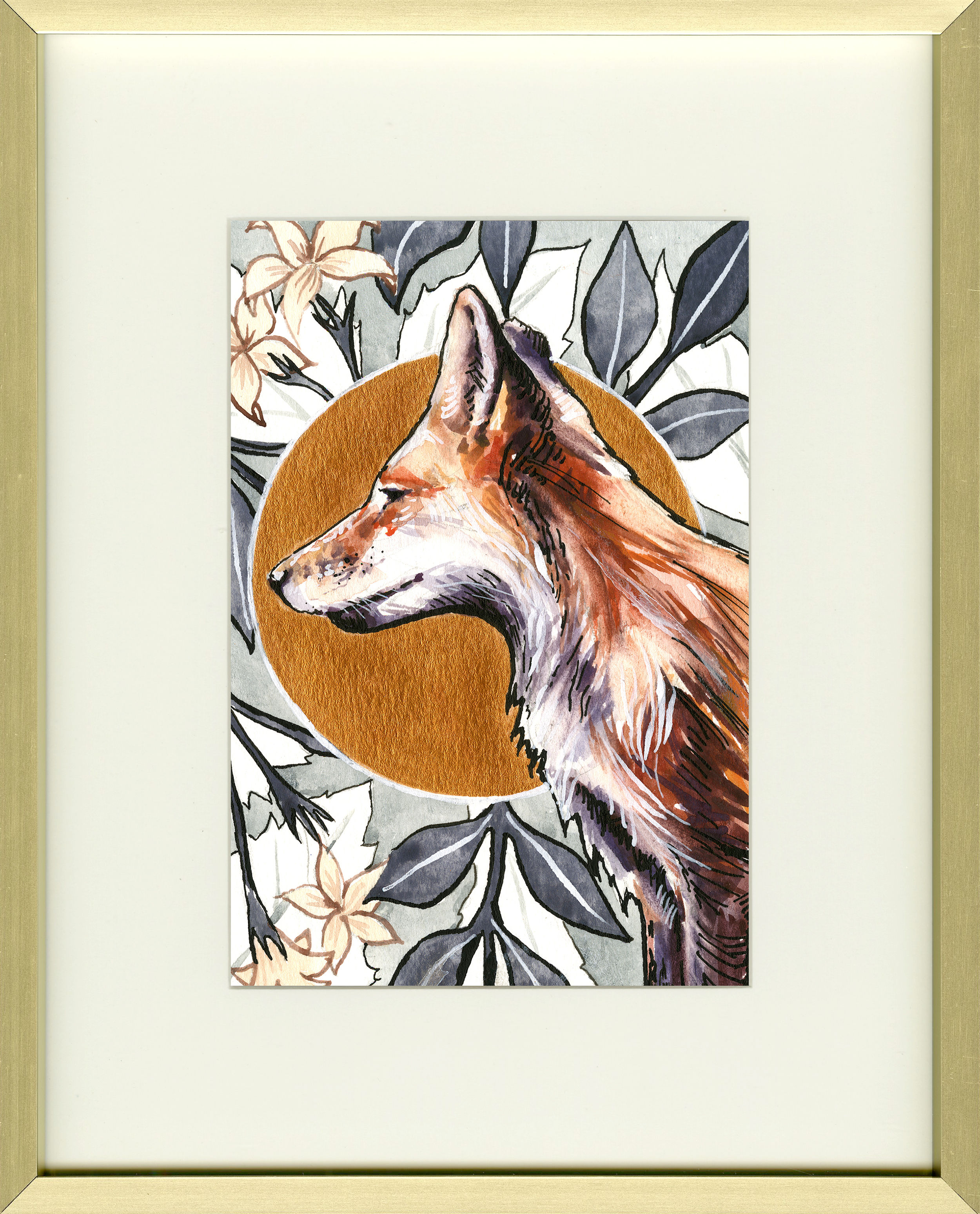 "Fox and Flora" | 5'' x 7'' Signed Print in Cream/White Mat w/Gold Fram