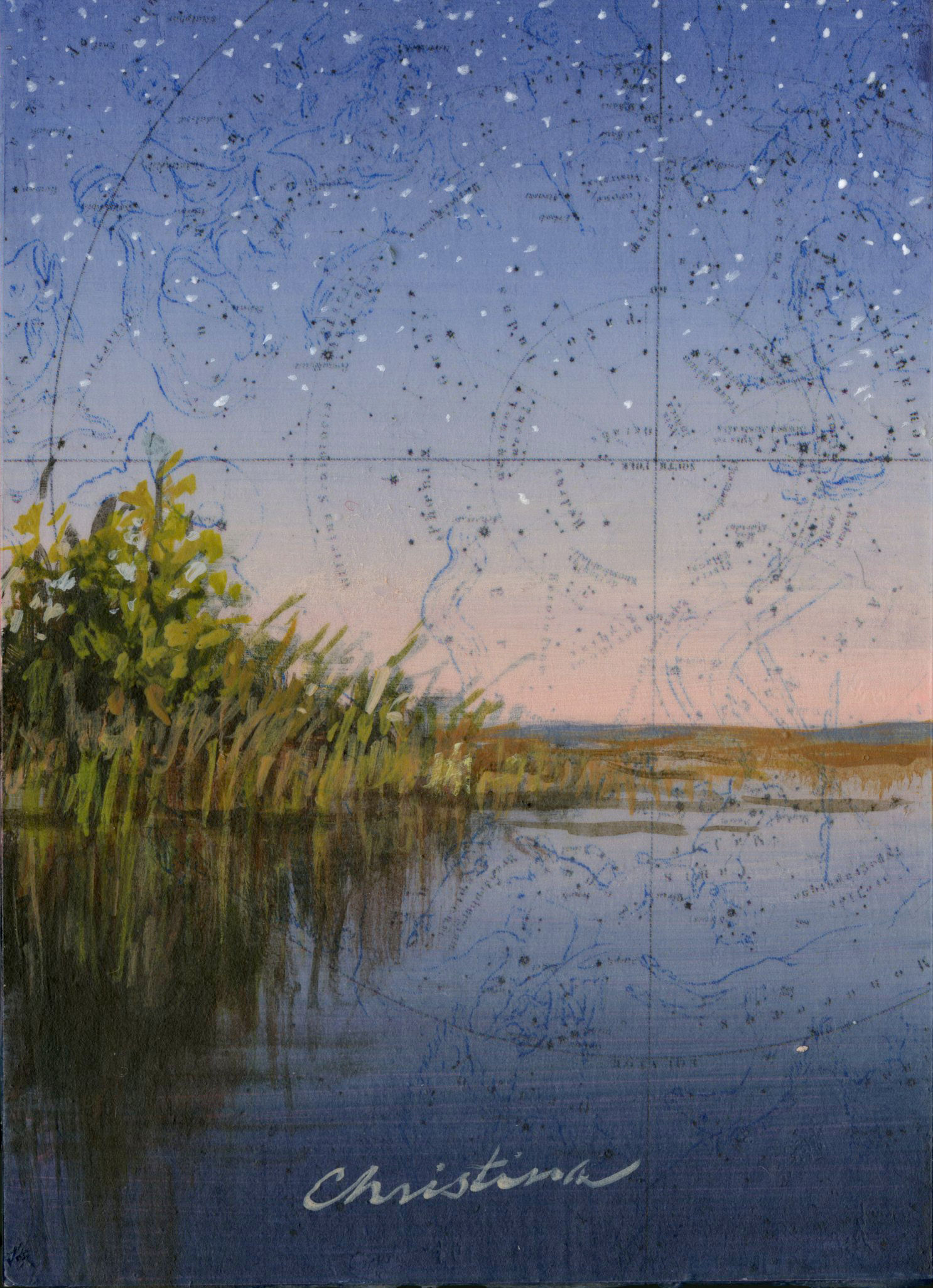 "Starlit Inlet" | 2.5'' x 3.5'' painting in black wood frame