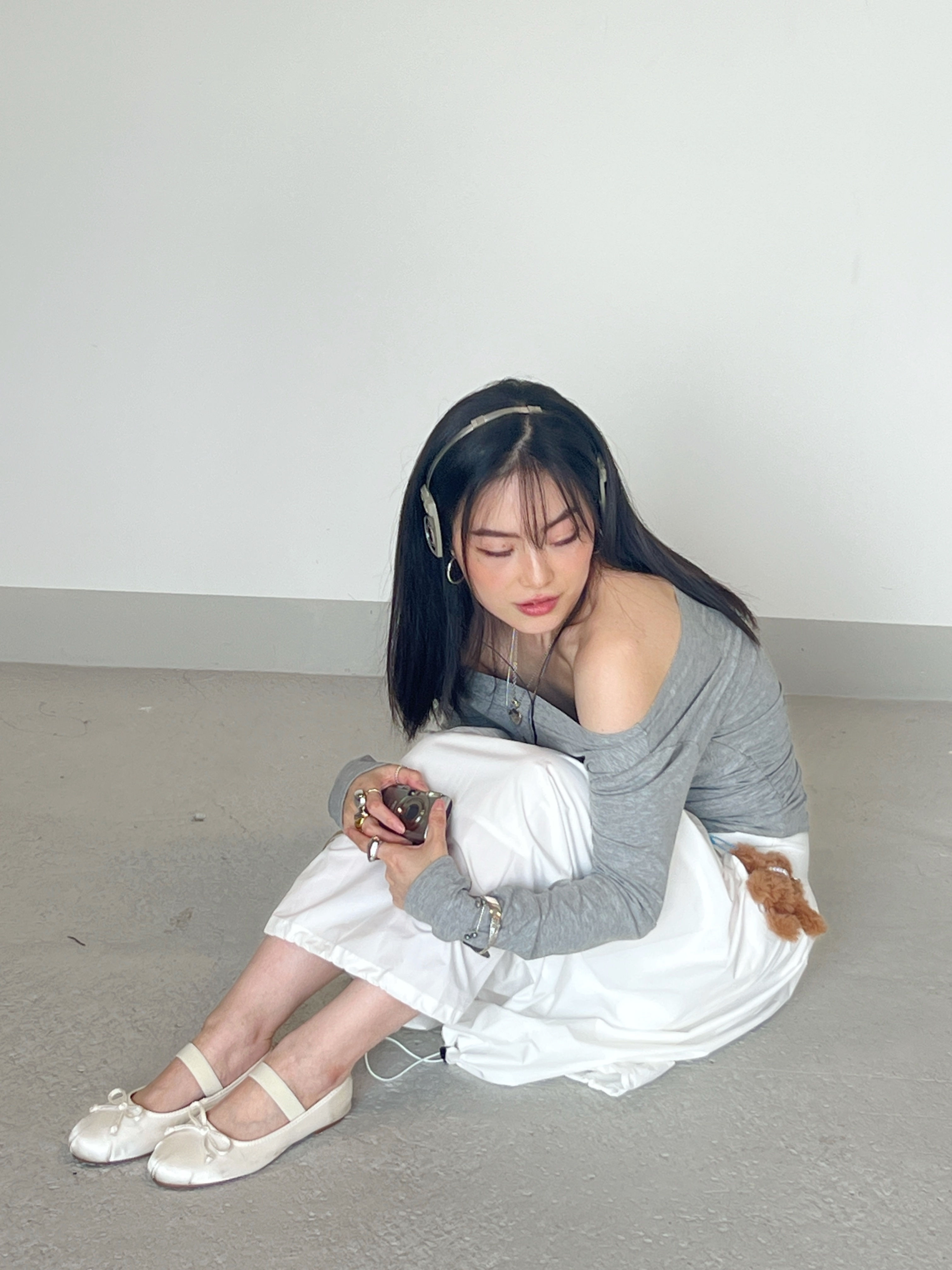 White Pocket and Ring Detail Balloon Sharp Drawstring Skirt