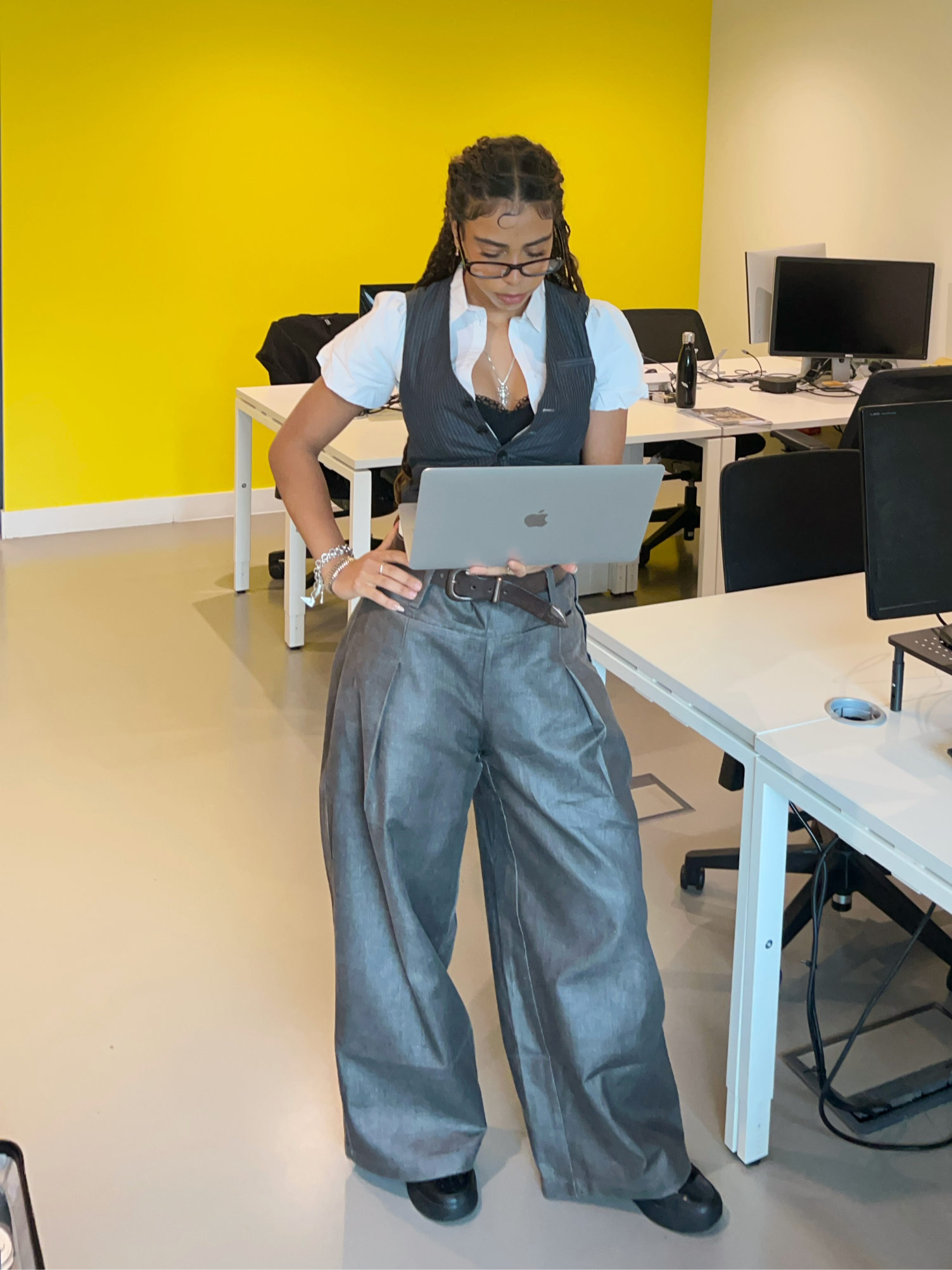 Grey Office Casual Wide Leg Trousers