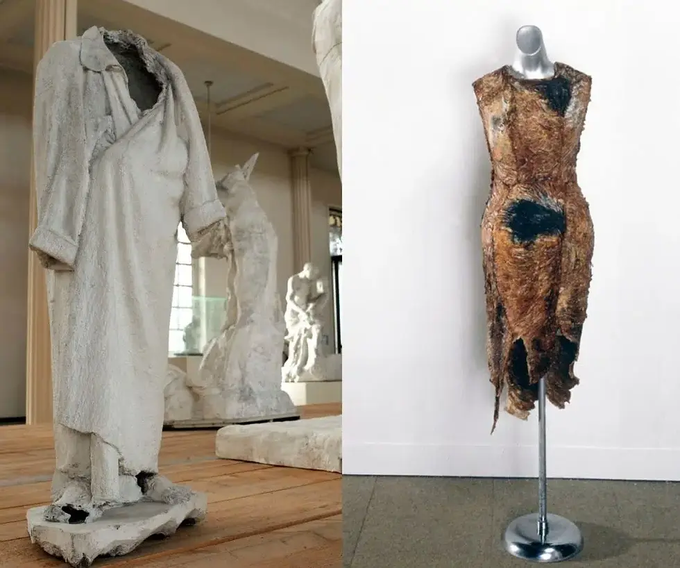 Présentée à côté d’une étude de robe de chambre en plâtre de Rodin (1897 / photo Jérome Manoukian), la robe de chair de Jana Sterback (1987 / photo Denis Labelle) prête davantage à confusion qu’elle n’ouvre de véritable perspective.