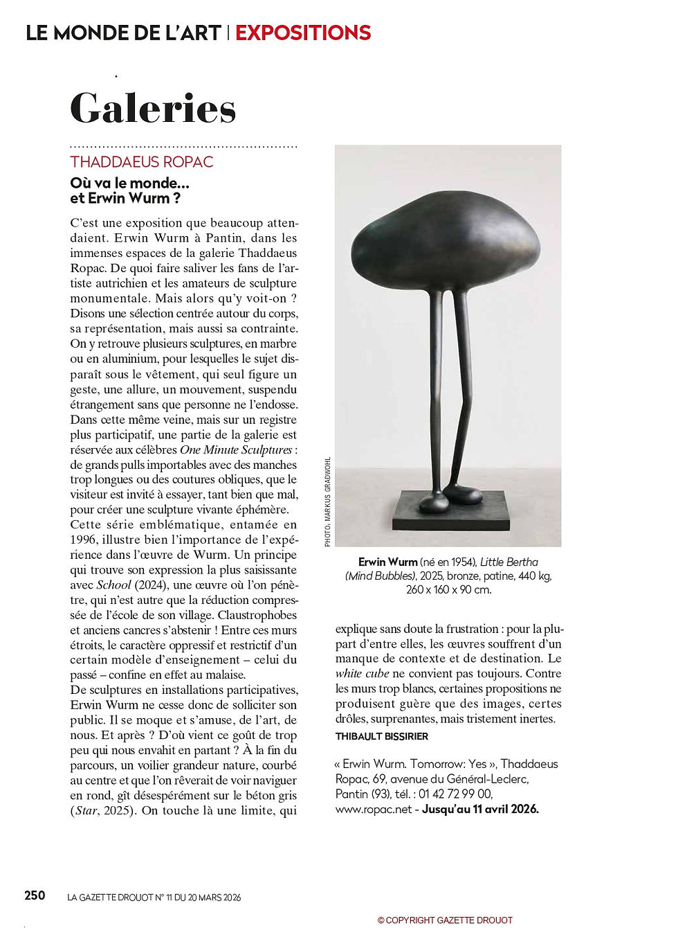 Erwin Wurm à la galerie Thaddaeus Ropac, La Gazette Drouot