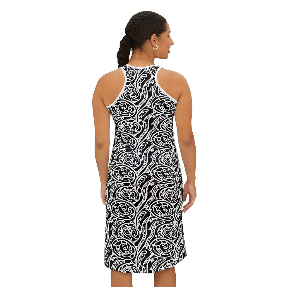 Black and white matching couples outfit set, featuring printed dress and short-sleeve shirt.