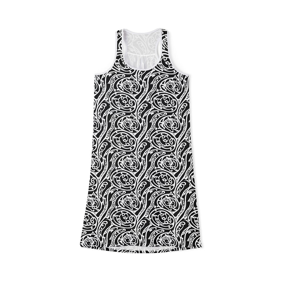 Matching dress and shirt set featuring modern black and white swirl design