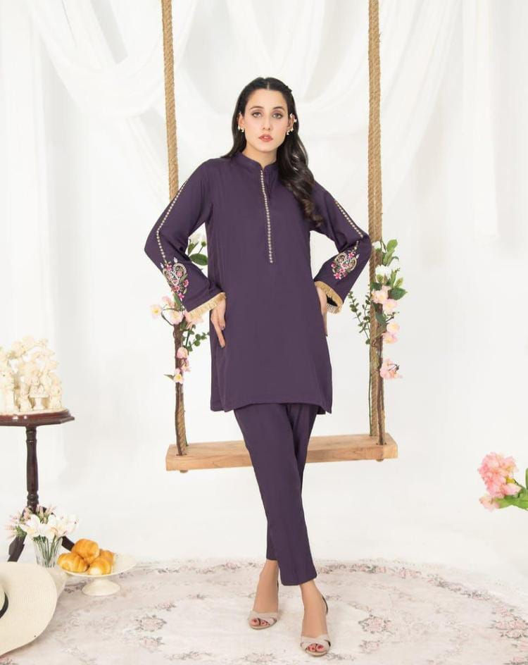 Purply Magenta Premium 2 Pcs Stitched Embroidered Suit