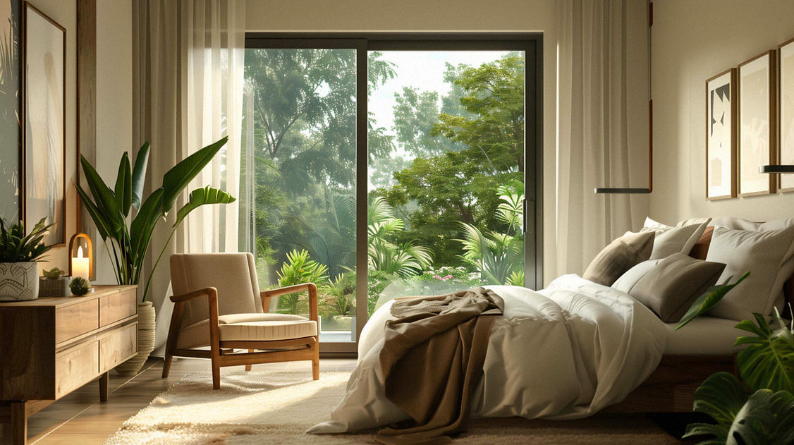 Beautiful bedroom with large windows and green forest