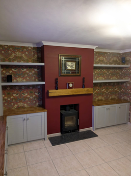 custom built tv media unit alcove furniture floating shelving cabinets storage home living space veneered wood mdf carpenter Surrey Kent Sussex