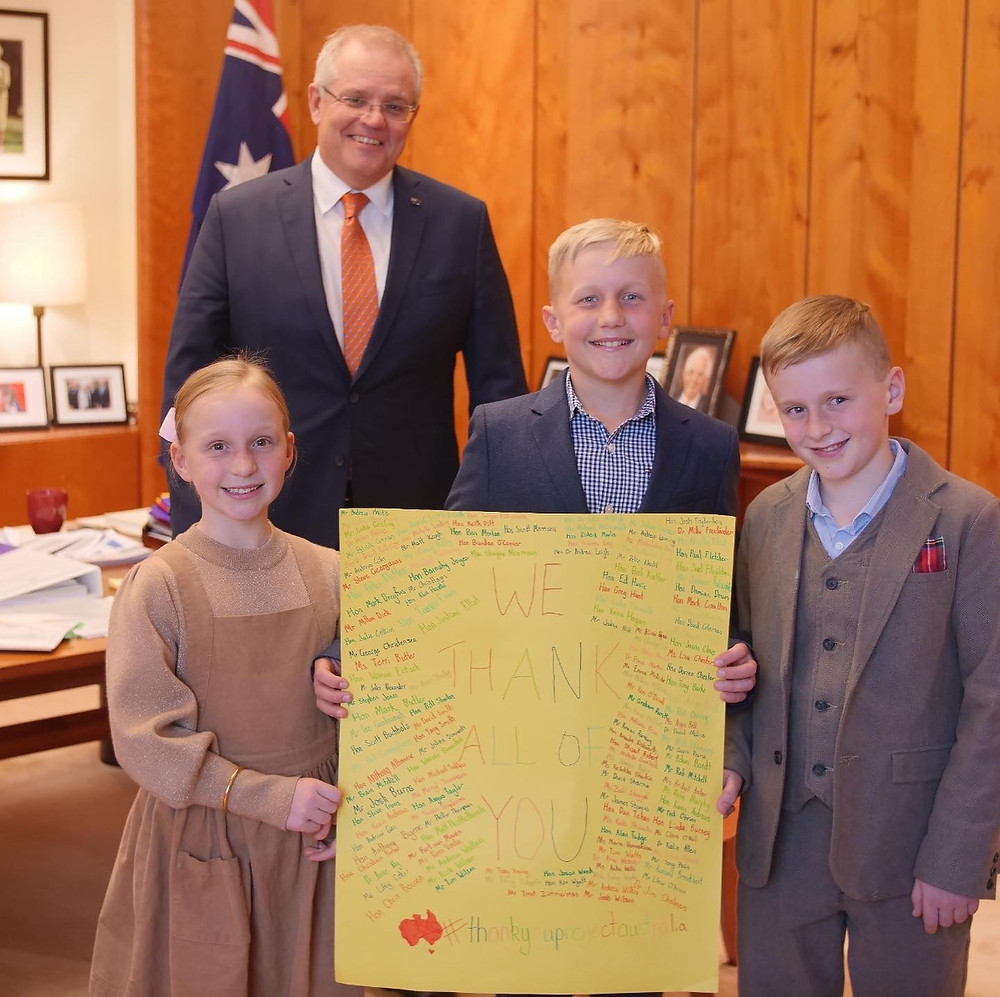 Scammell kids with the Prime Minister, Scott Morrison