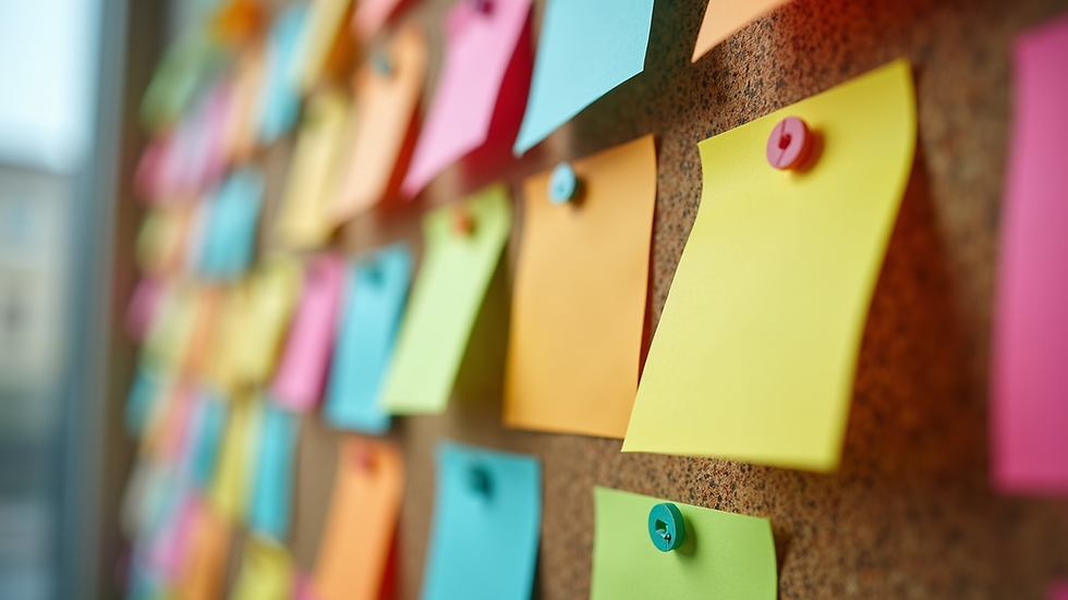 Eye-level view of a neatly organized corkboard filled with colorful sticky notes
