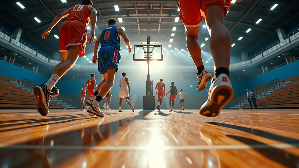Eye-level view of a basketball court with dynamic players in action.