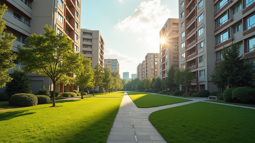 Wide angle view of a community park surrounded by urban buildings, showing a balance between nature and architecture.