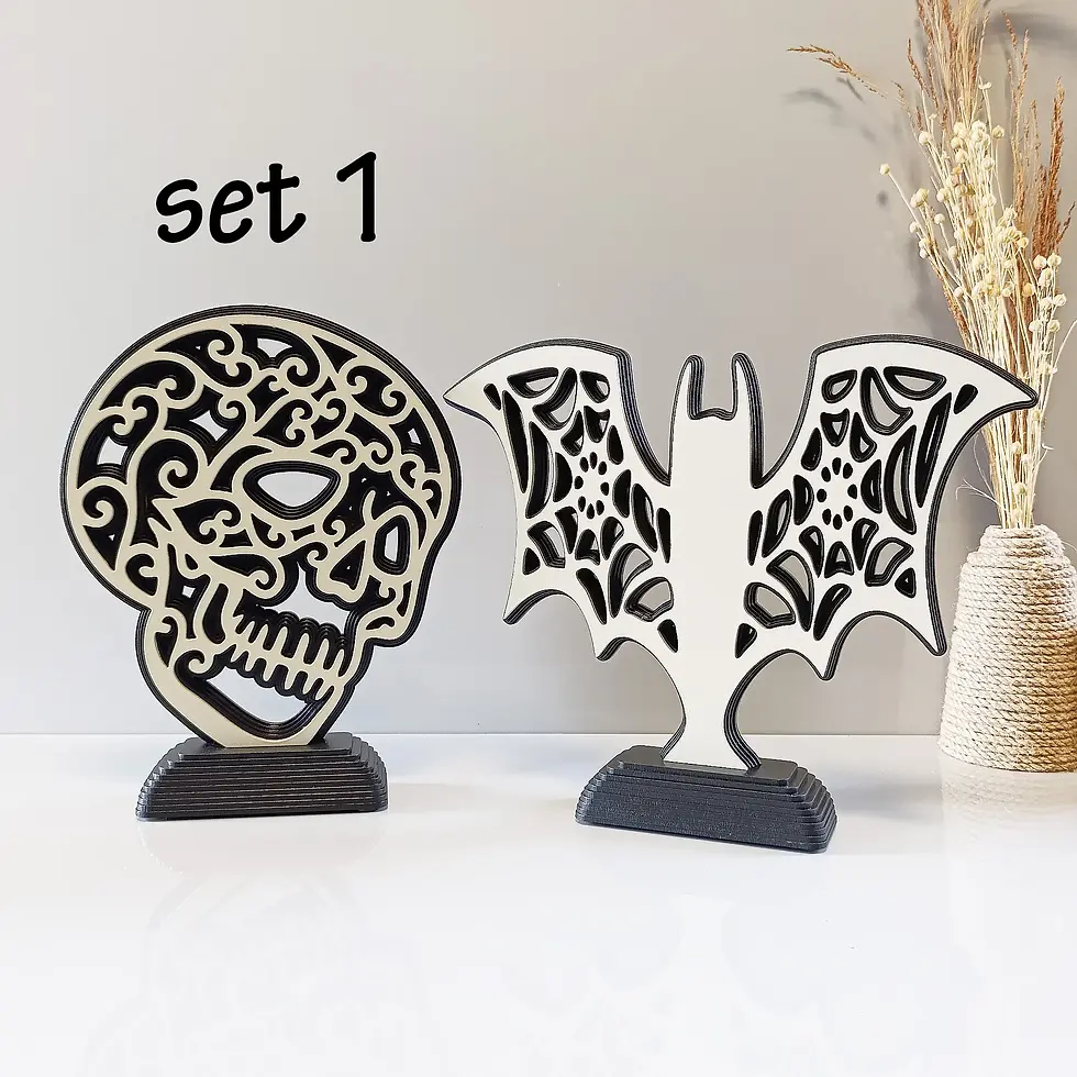 Küçük resim: 3D lazer kesim ahşap mandala seti: kafatası ve yarasa dekoru.