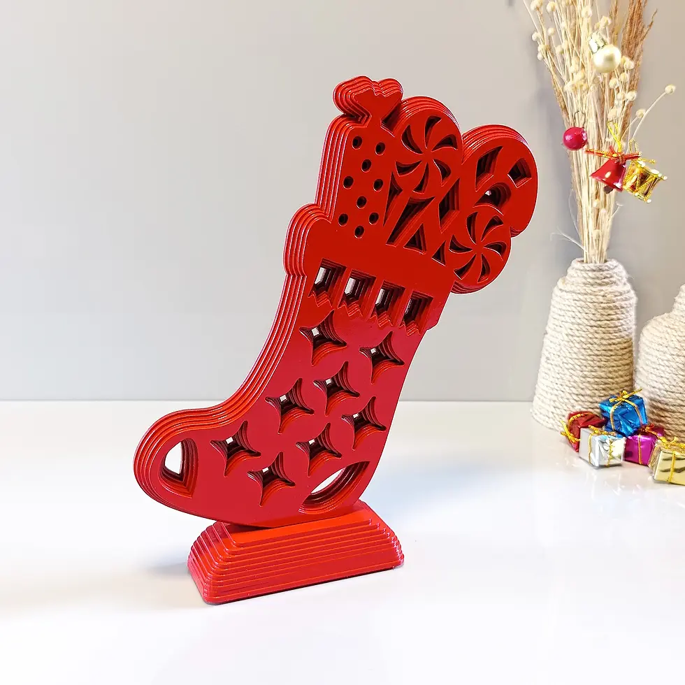 Thumbnail: Rustic wooden Christmas stocking ornament in red white — handcrafted minimalist holiday décor for mantels