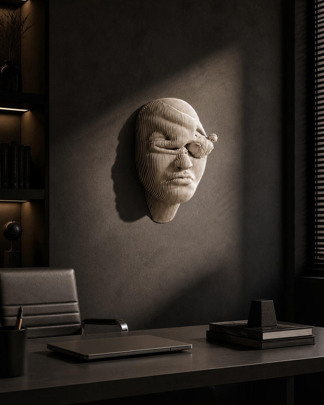 Parametrik Ahşap Yüz Duvar Heykeli – Modern Katmanlı Wall Art