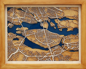 3D square-shaped wooden city map of Stockholm with an epoxy water layer.