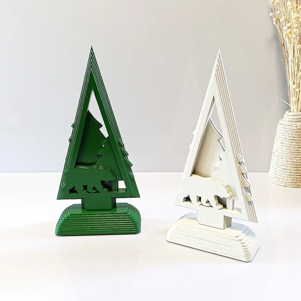 Thumbnail: Rustic wooden Christmas tree ornament with bear silhouette in green and white — handcrafted holiday décor.