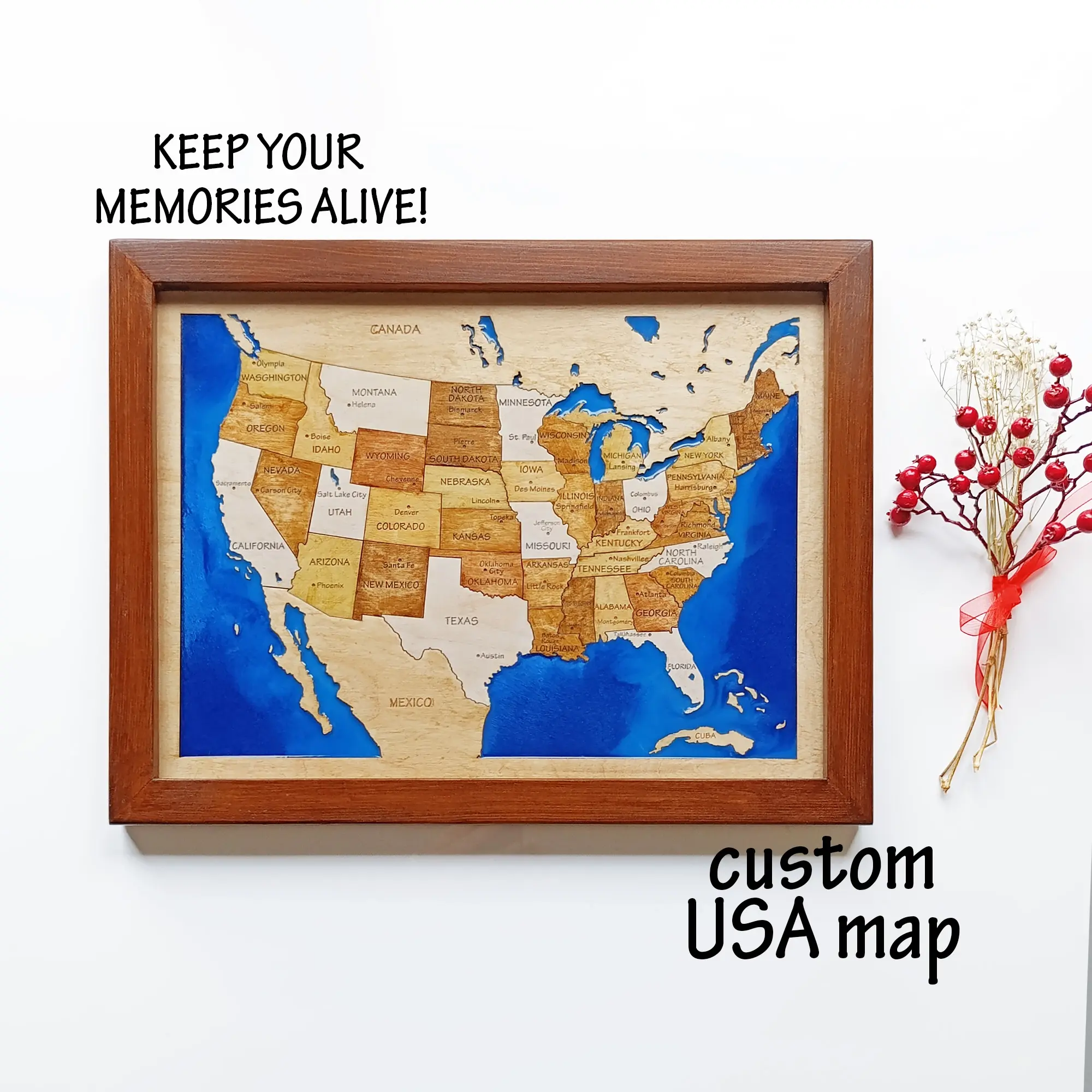 Walnut-framed epoxy wood map of the USA