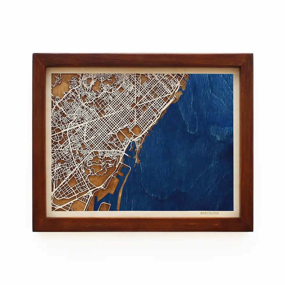 Barcelona, Spain wooden city features Wood and Epoxy Map Art