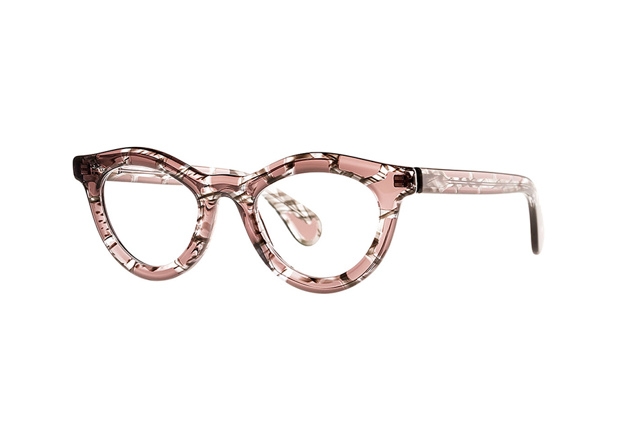 Thumbnail: Theo Fuga Transparent Deep Taupe Brown & Black Smoke Mosaic Inspired Lifted-Panto Eyeglass Frame Front/Side View