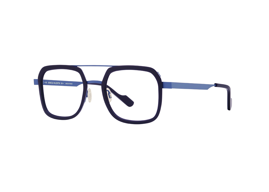 Anne & Valentin Fondamentale Navy & Periwinkle Large Bold Rectangular Aviator Eyeglass Frame Front/Side View