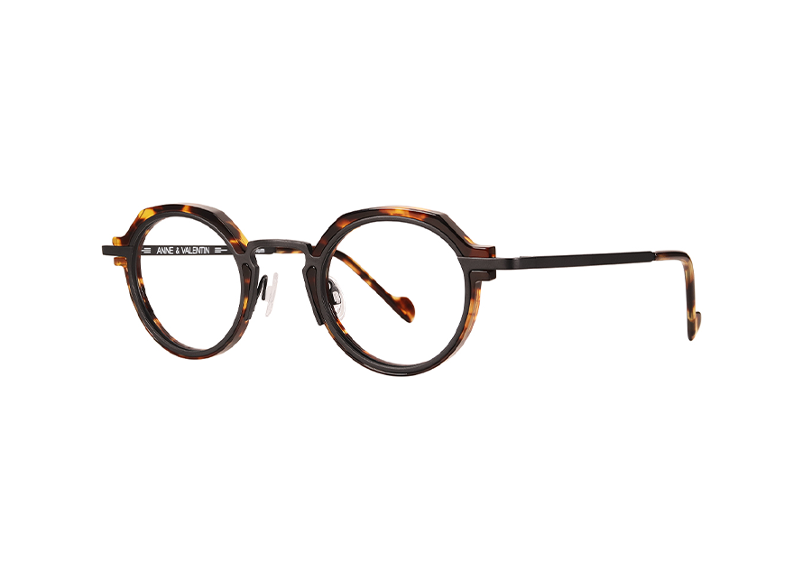 Anne & Valentin M2 Black & Tortoise Wider Simple Technical Panto Eyeglass Frame Front/Side View
