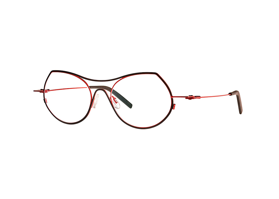 Theo Isobath Hot Red & Black Matte Refined Thin Line Cat-Eye Eyeglass Frame Front/Side View