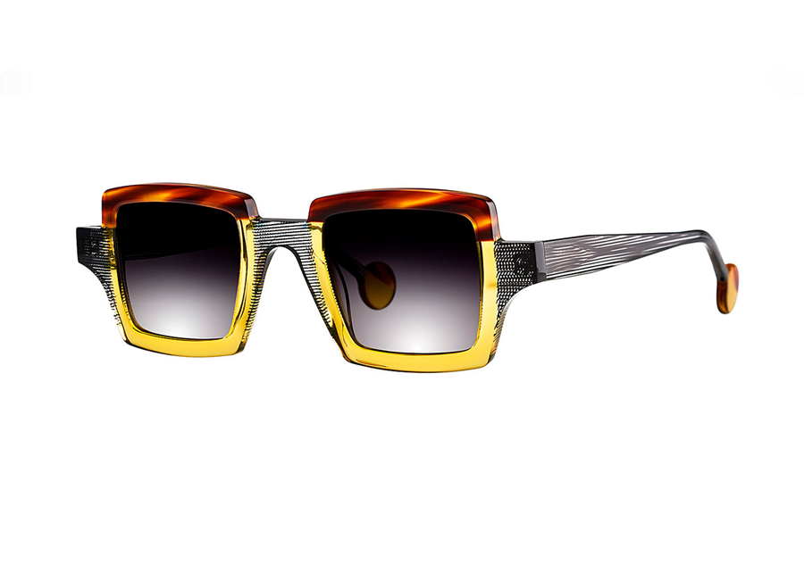 Theo Orphisme Transparent Mustard, Cognac & Cigars, & Panty Unique Artistic Flair Square Sunglass Frame Front/Side View