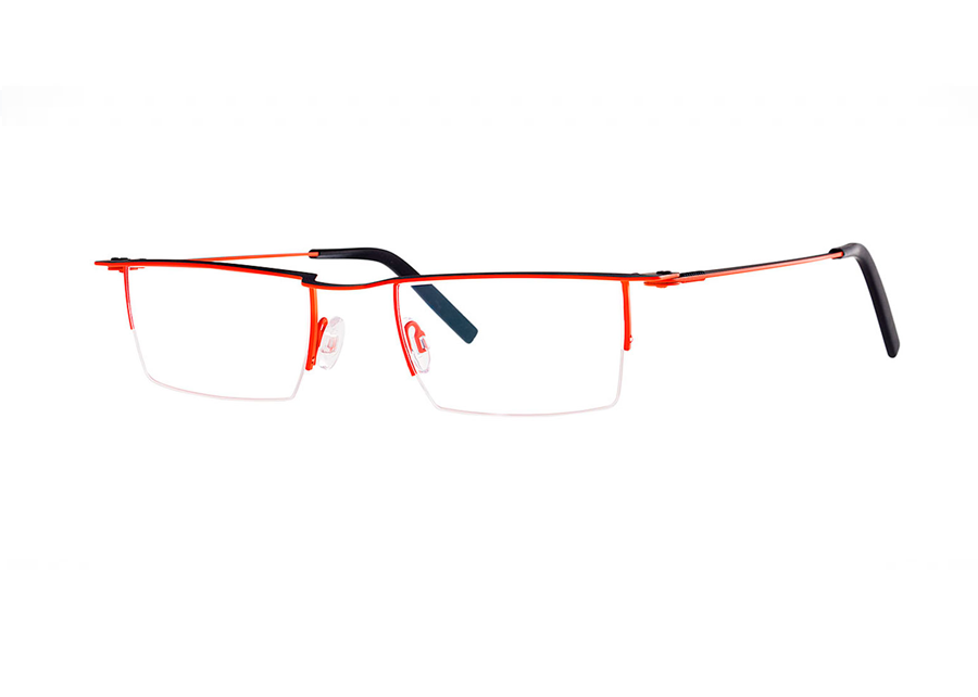 Theo Dore Fluorescent Orange & Bluesy Green Bi-Color Half-Rim Thin Rectangular Eyeglass Frame Front/Side View