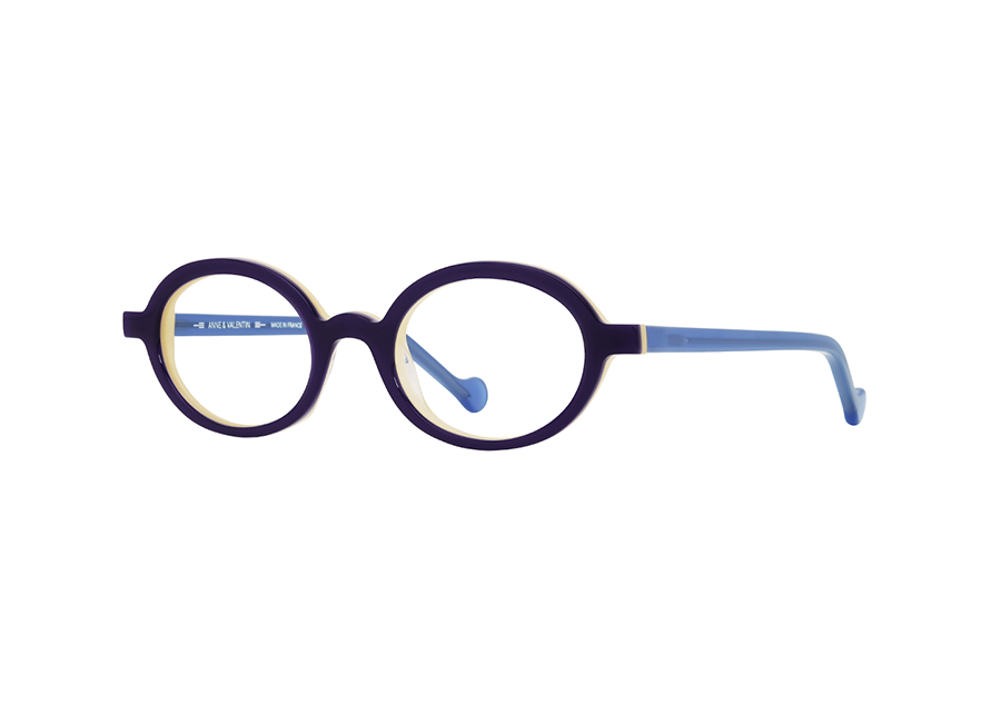 Anne & Valentin Aribo Eggplant, Cream, & Periwinkle Charming Classic Oval Eyeglass Frame Front/Side View