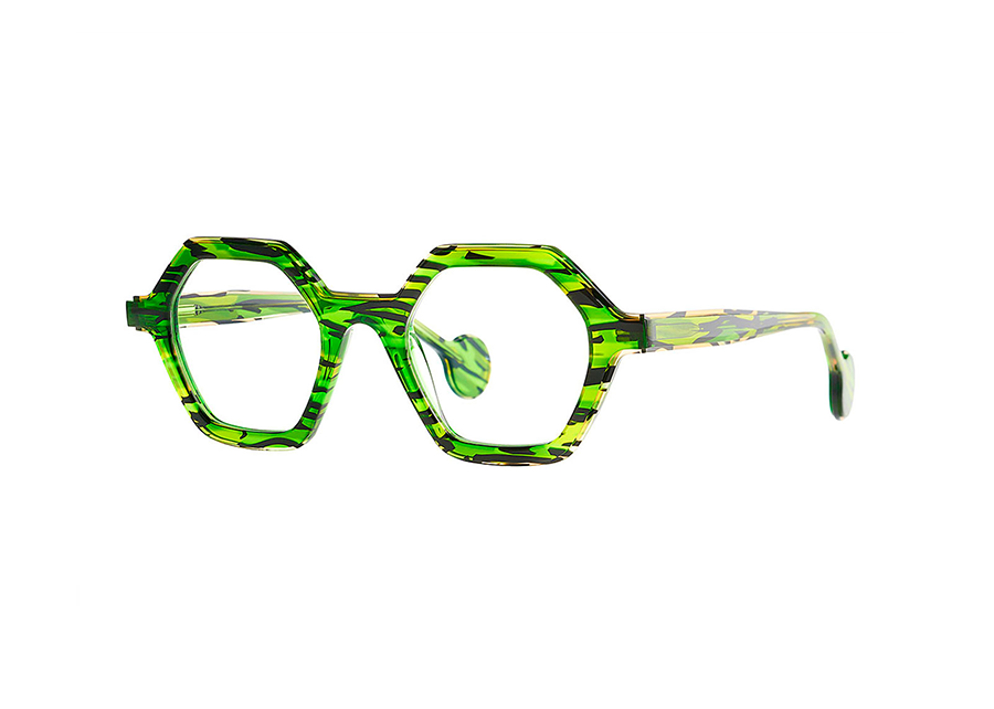 Theo Pritt Transparent May Green & Green/Yellow Ecail Bold Hexagonal Layered Acetate Eyeglass Frame Front/Side View