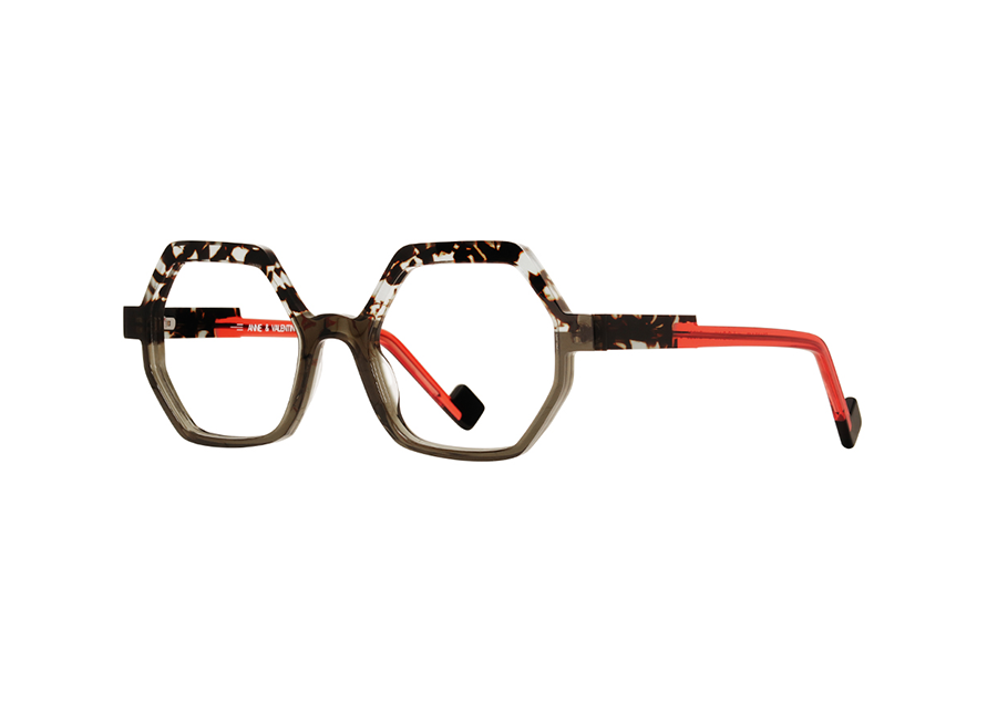 Anne & Valentin Logik Translucent Green, Gray Tortoise, & Orange Oversized Ruthless Hexagonal Eyeglass Frame Front/Side View