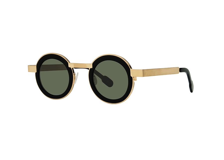 Anne & Valentin Smiler Black & Rose Gold Round Versatile Playful Minimalist Sunglass Frame with Gray Lenses Front/Side View