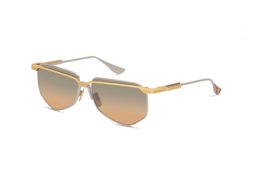 Dita Interline Yellow Gold & Antique Silver Elevated Geometric Aviator Sunglass Frame with Dark Apricot Lenses Front/SideView