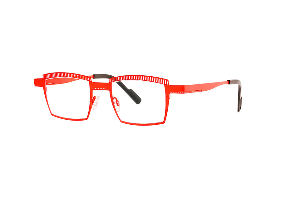 Theo Crayon Fluorescent Red Modern Geometric Square Eyeglass Frame Front/Side View