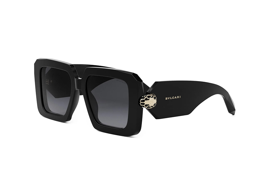 Bvlgari BV40006I Shiny Black & Gold Oversized Snakehead Embellished Sunglass Frame with Gradient Organic Smoke Lenses
