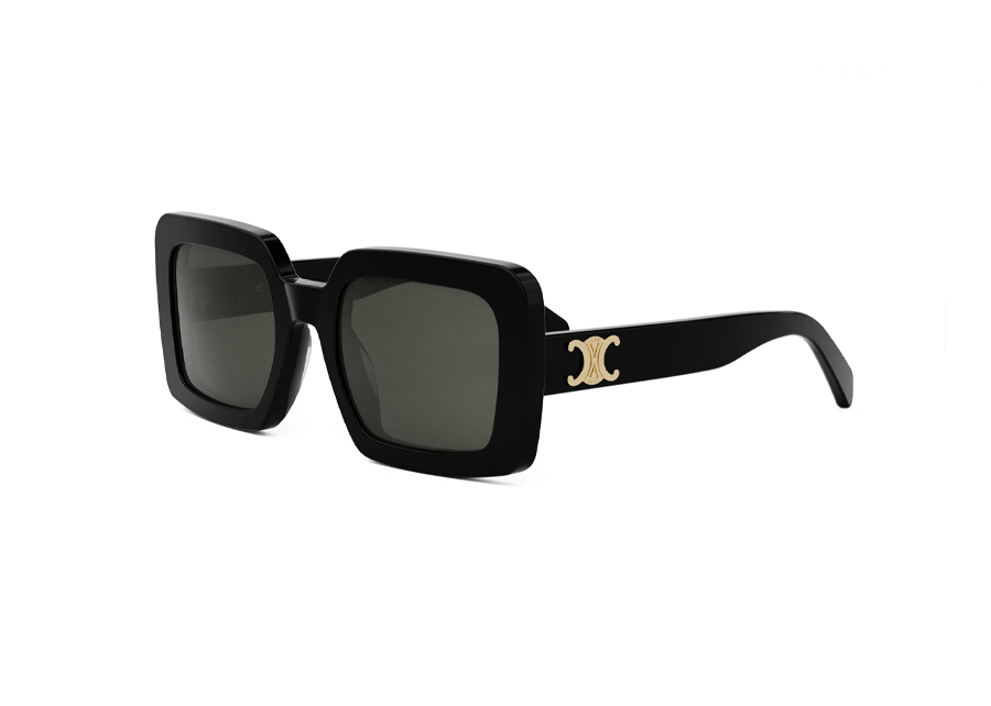 Celine CL40304U Shiny Black Contemporary Elegant Large Square Sunglass Frame with Gray Organic Lenses Corner View