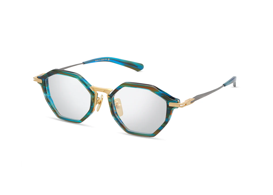 Dita Aegeus-Four Digital Swirl & Matte Yellow Gold Striking Architecturally Modern Eyeglass Frame Front/Side View