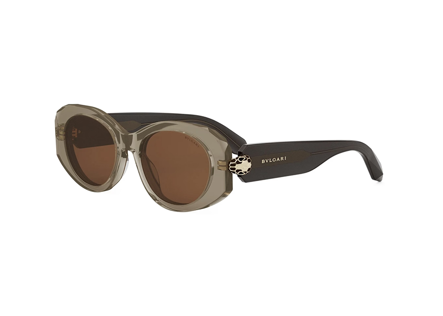 Bvlgari BV40007I Shiny Brown & Gold Detailed Oval Serpenti Forever Sunglass Frame with Organic Brown Lenses Front/Side View
