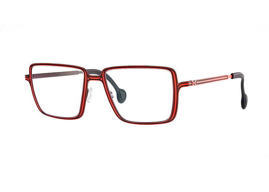 Thumbnail: Theo Conifer Burnt Shadow Matte & Fluorescent Red Large Square Line-Adorned Titanium Eyeglass Frame Front/Side View