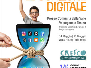 Locandina evento di Educazione Digitale a Borgo Valsugana il 14 e 21 Maggio, con logo Cresco e NeuroImpronta. Mostra un bambino felice e un tablet legato come una clessidra, a simboleggiare il controllo del tempo online.