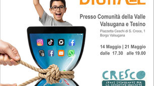 Locandina evento di Educazione Digitale a Borgo Valsugana il 14 e 21 Maggio, con logo Cresco e NeuroImpronta. Mostra un bambino felice e un tablet legato come una clessidra, a simboleggiare il controllo del tempo online.