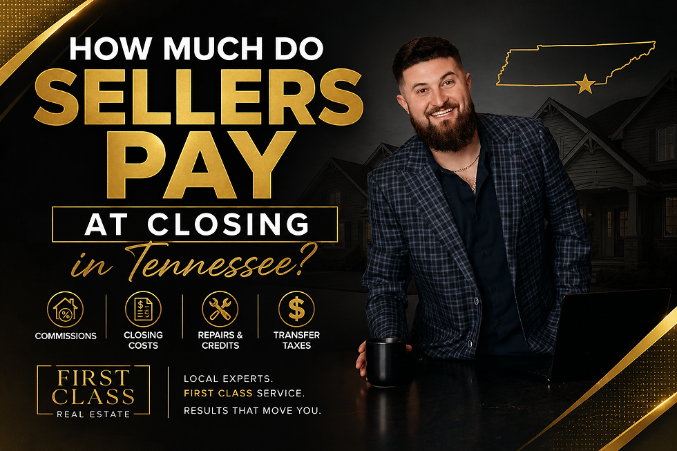 Professional real estate marketing graphic featuring a Middle Tennessee Realtor in a blue plaid blazer leaning over a desk with a laptop and coffee mug. The black and gold design prominently displays the headline “How Much Do Sellers Pay at Closing in Tennessee?” with icons representing real estate commissions, closing costs, repairs and seller credits, and transfer taxes. A Tennessee state outline and luxury home background reinforce the local market focus, making it ideal for a Tennessee home seller closing cost guide.