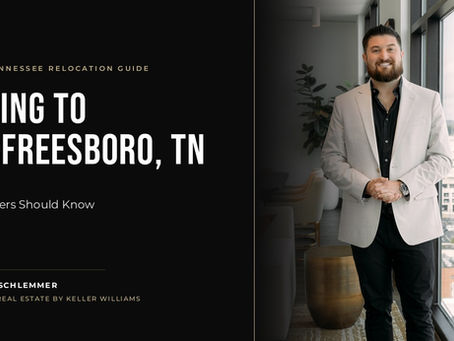 Realtor Khristian Schlemmer of First Class Real Estate by Keller Williams in a Nashville high-rise, featured on a blog graphic titled "Moving to Murfreesboro, TN: What Buyers Should Know."